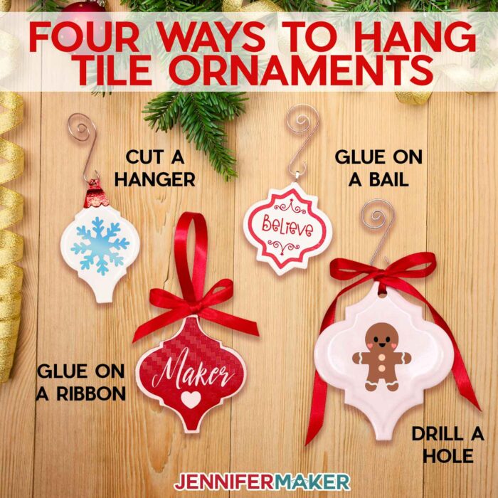 Four ways to hang ceramic tile ornaments - cut a hanger, glue on a jewelry bail, hot glue on a ribbon, drill a hole