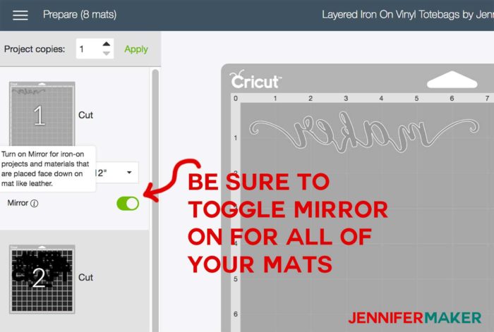 Turning on mirror for layered iron on vinyl designs in Cricut Design Space