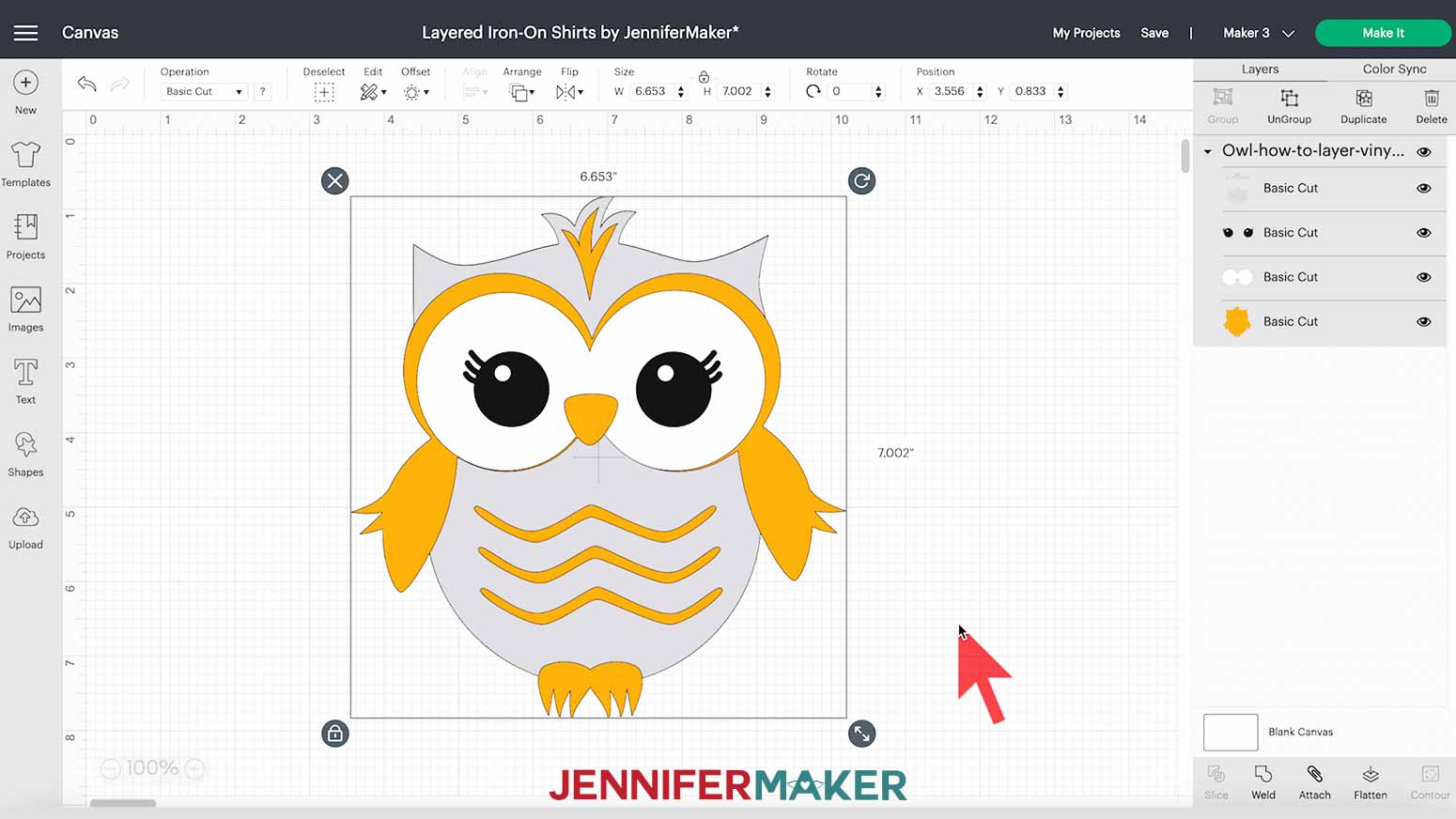 Importing Owl SVG into Design Space for how to layer vinyl on a shirt