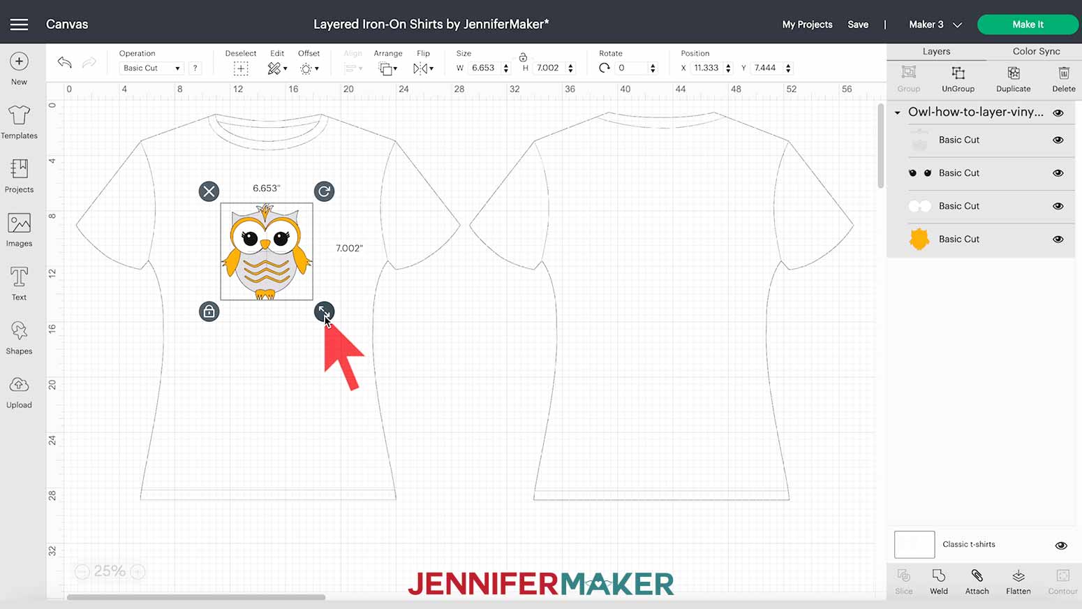 Resizing Owl design for how to layer vinyl on a shirt