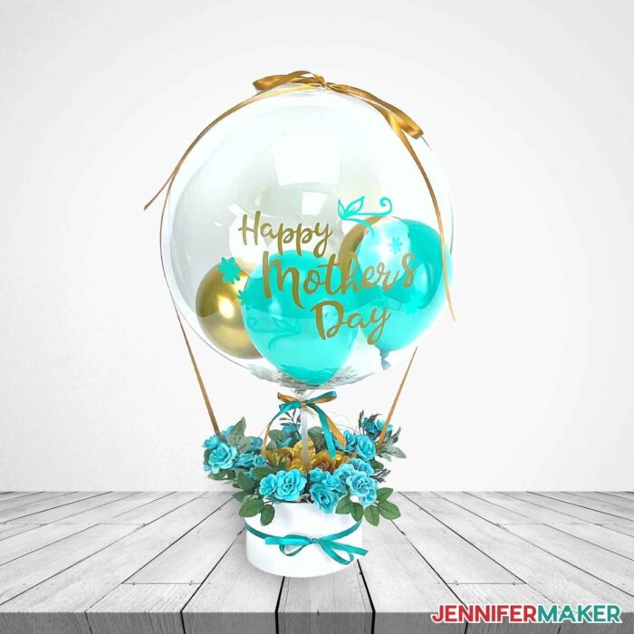 A decorated balloon with a Mother's Day theme made using the How to Make a Balloon Bouquet tutorial.
