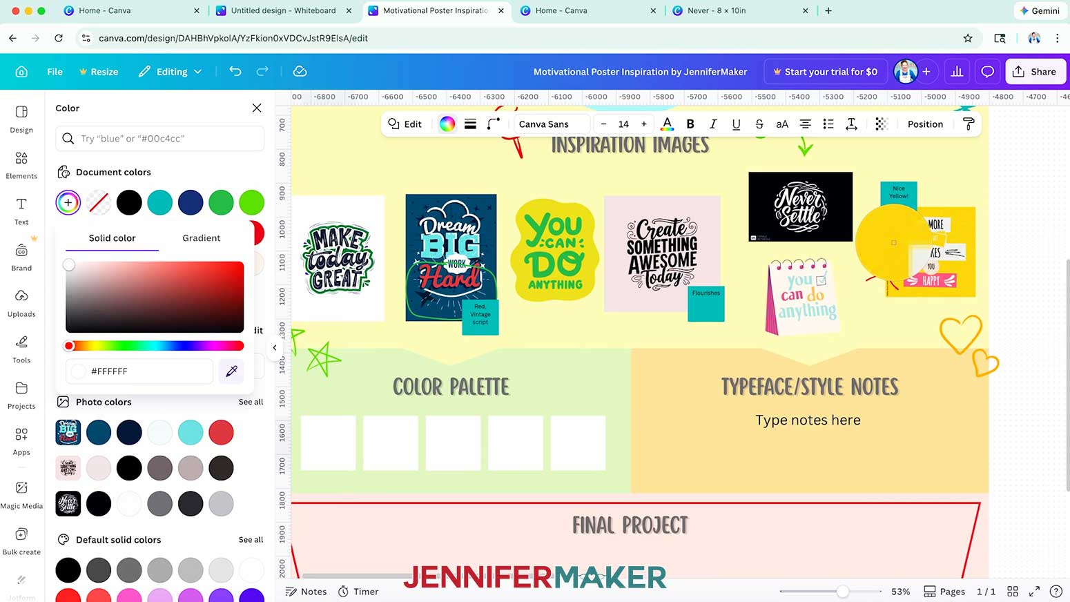 Click the "Add a new color" rainbow swatch in Canva and use the eyedropper to pick a color from the images on your whiteboard.