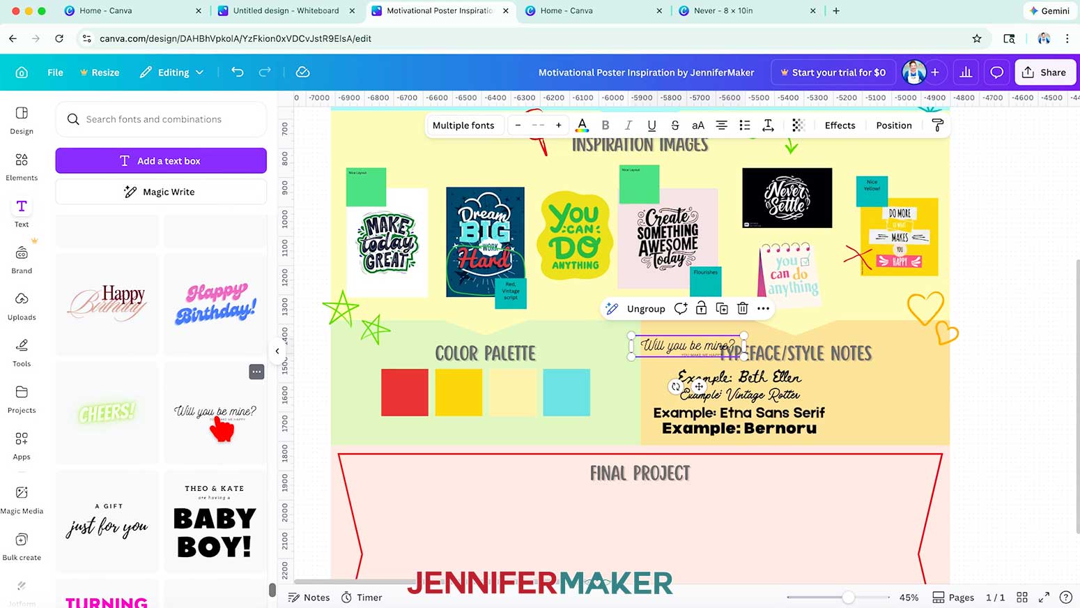 Several font combinations typed into the "Typeface/Style Notes" section of the digital mood board Canva template.