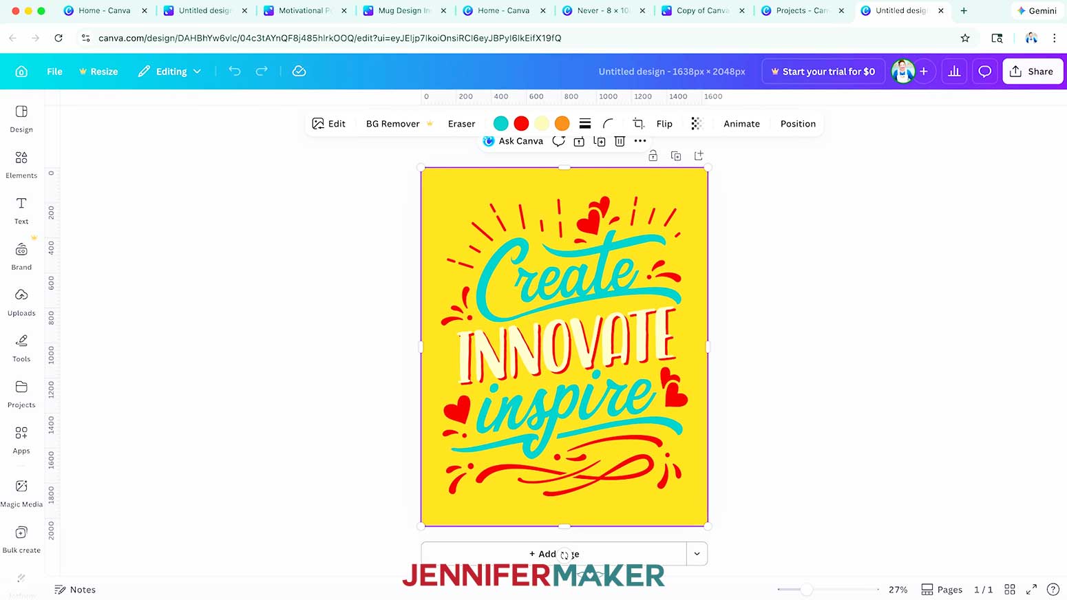 A motivation poster in Canva that says "Create, Innovate, Inspire."