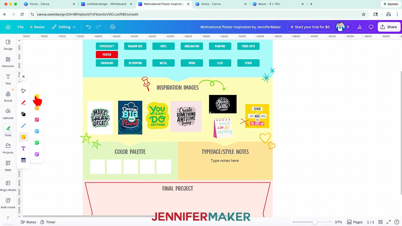 Click Tools and then the Sticky Note button to add a sticky note to your Canva whiteboard.