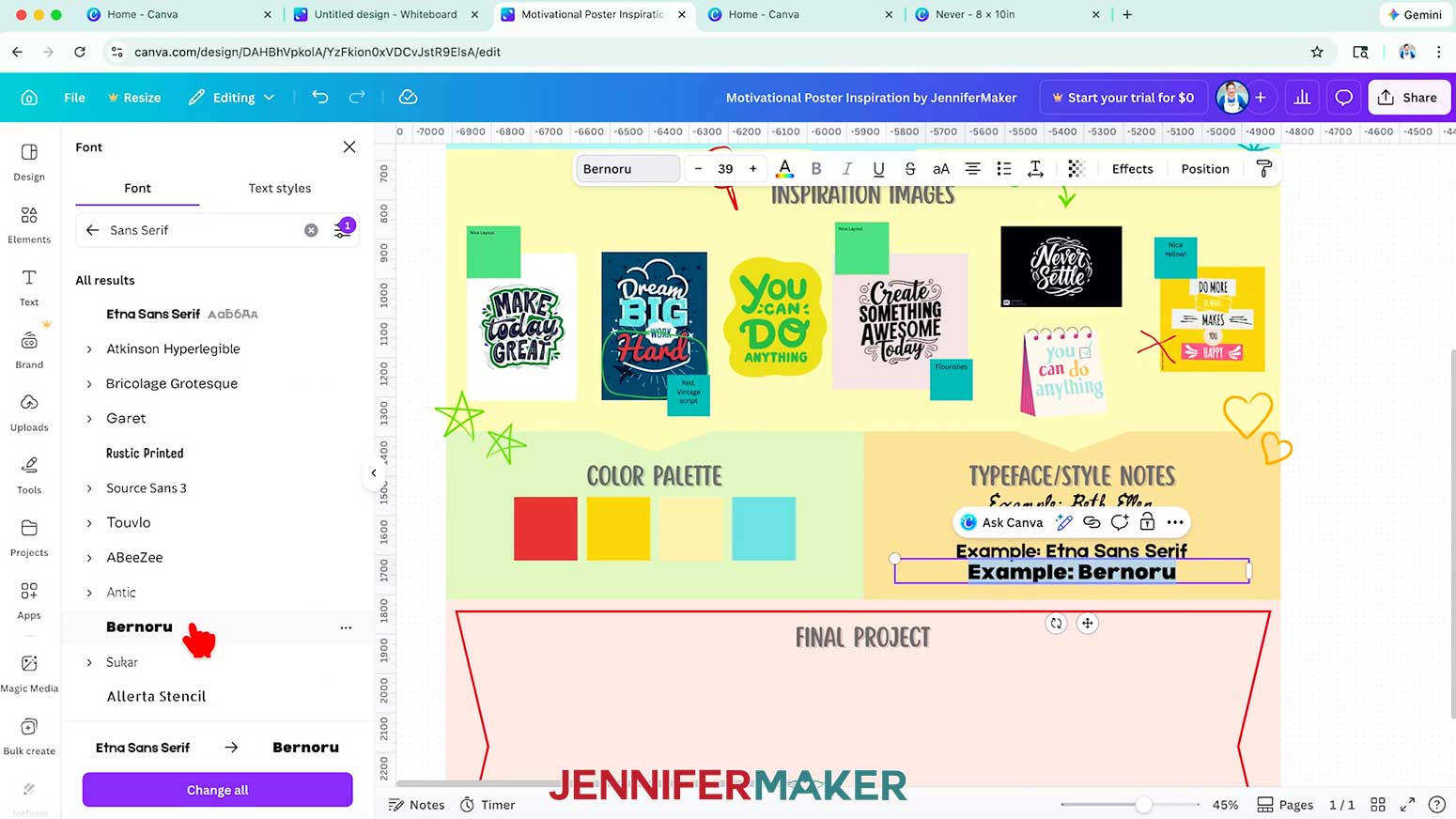 Add a text box to the Typeface/Style Notes section of the Canva digital mood board template and pick a typeface from the Font menu.