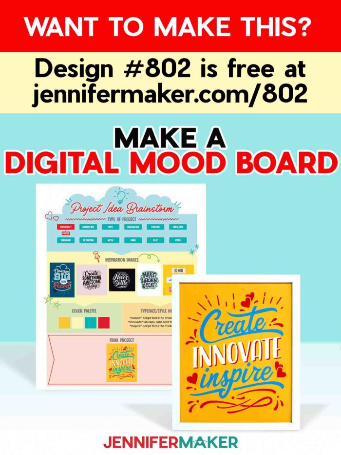 Want to make this? Design #802 is free at jennifermaker.com/802. A digital mood board and the final poster project. Make a digital mood board. Design by JenniferMaker.