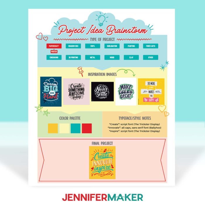 Jennifer's filled out digital mood board for her "Create, Innovate, Inspire" final poster project.
