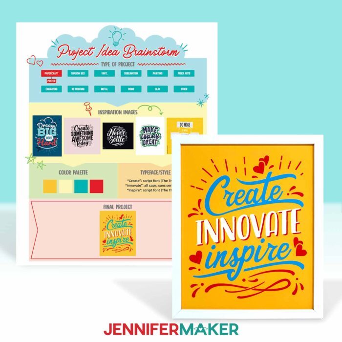 A framed "Create, Innovate, Inspire" poster beside a digital mood board with the ideas and inspiration behind the poster.