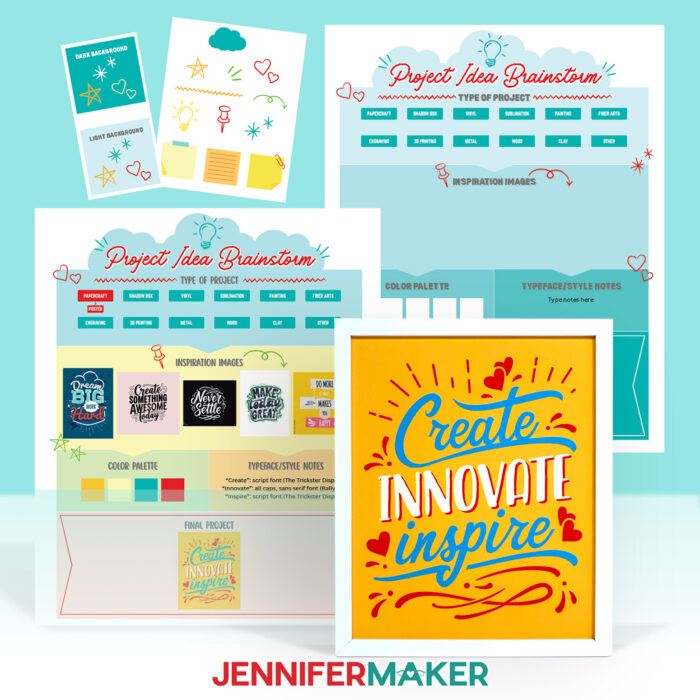 Jennifer's finished, digital mood board, final poster, a blank mood board template, and fun design elements to decorate the board.