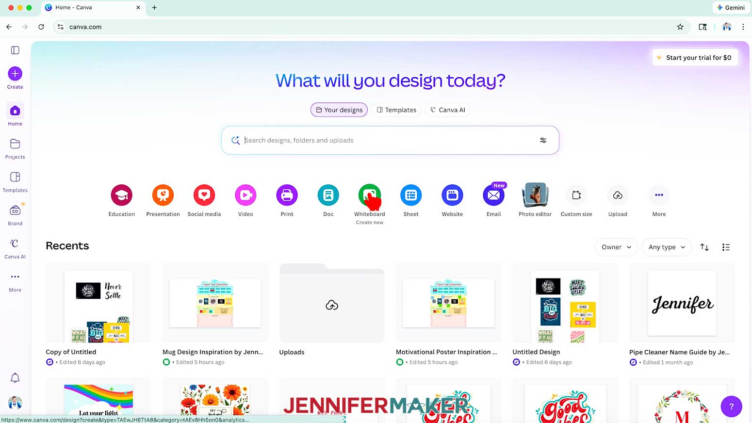 Click on the green Whiteboard button on Canva's home page.