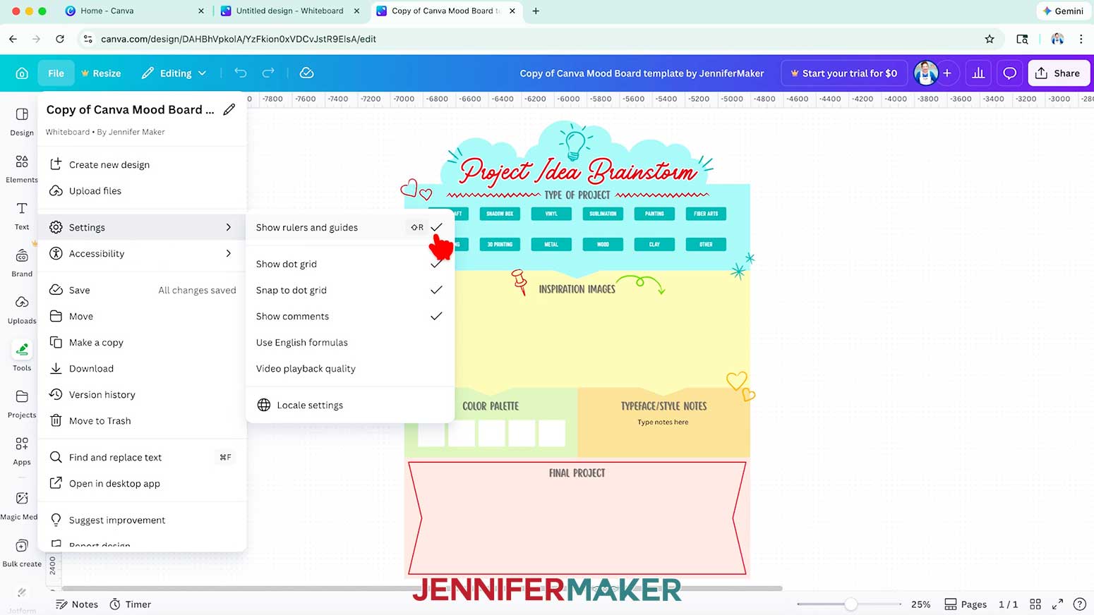 Click File and then Settings and make sure there's a check mark next to "Show rulers and guides" for your Canva whiteboard.
