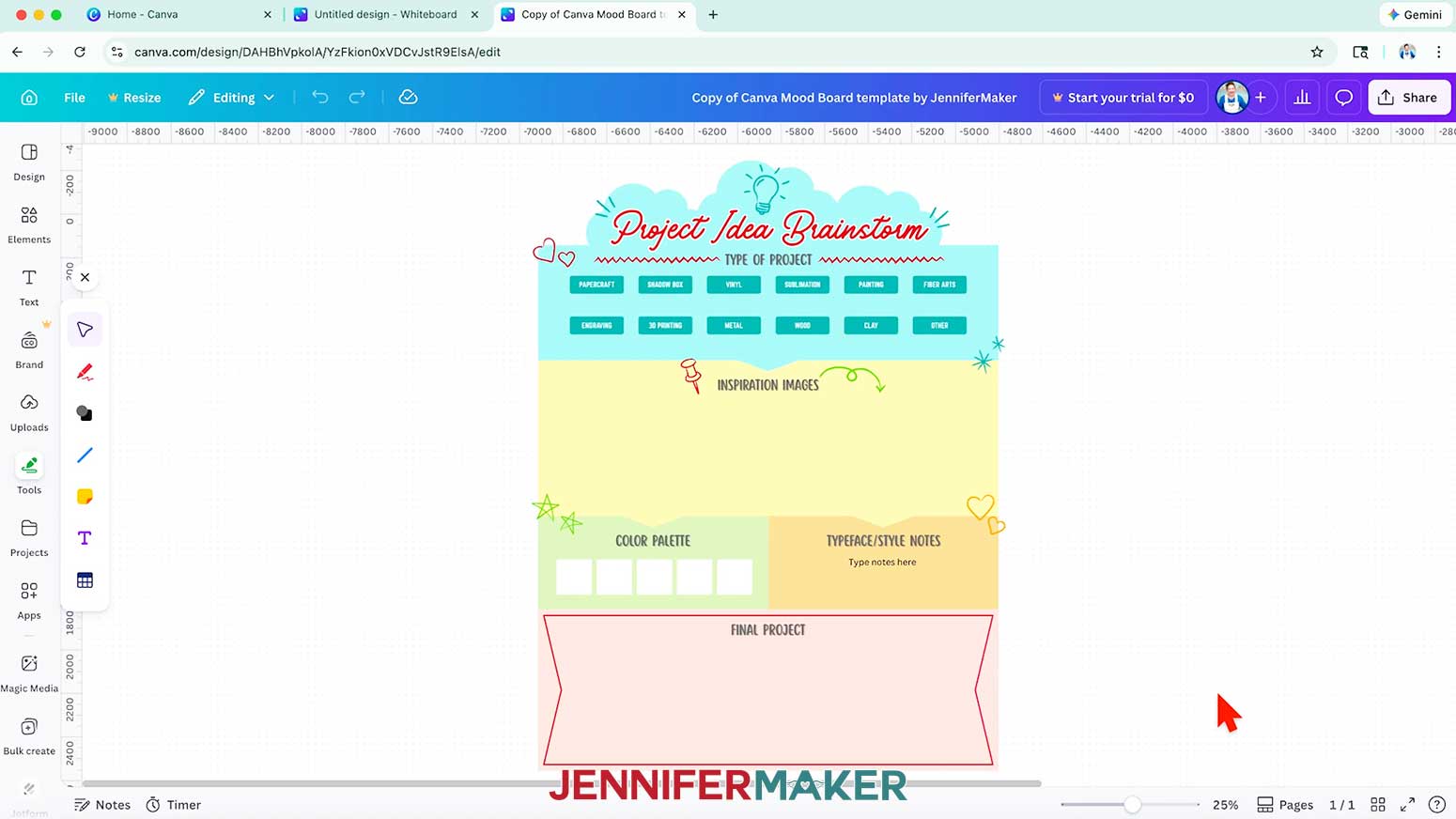 The Digitial Mood Board Whiteboard Template opened in Canva.