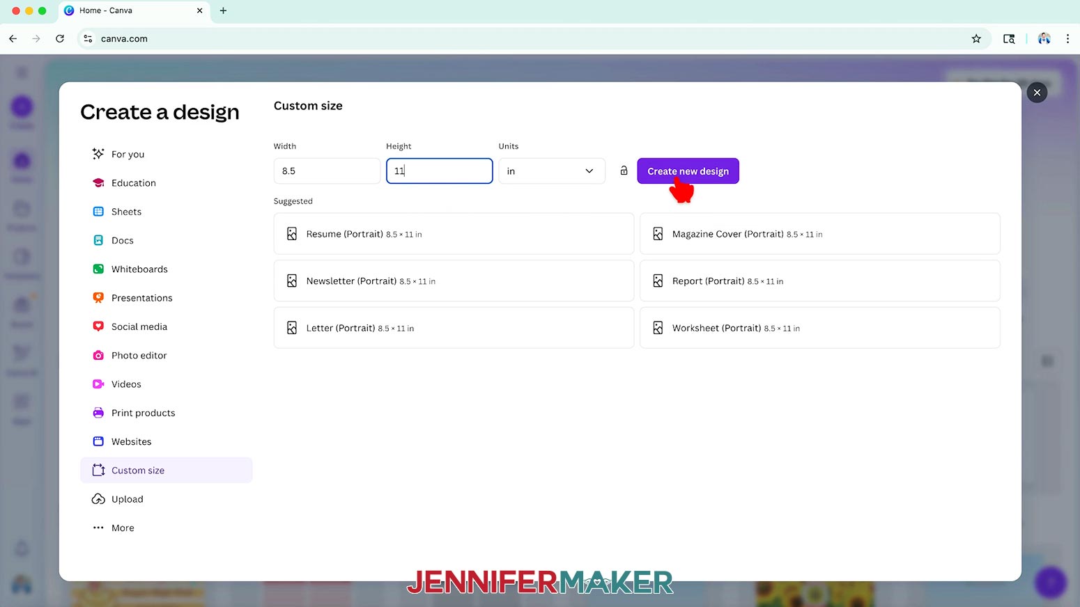 Edit the size of the custom size and click Create New Design to begin using Canva Frames.