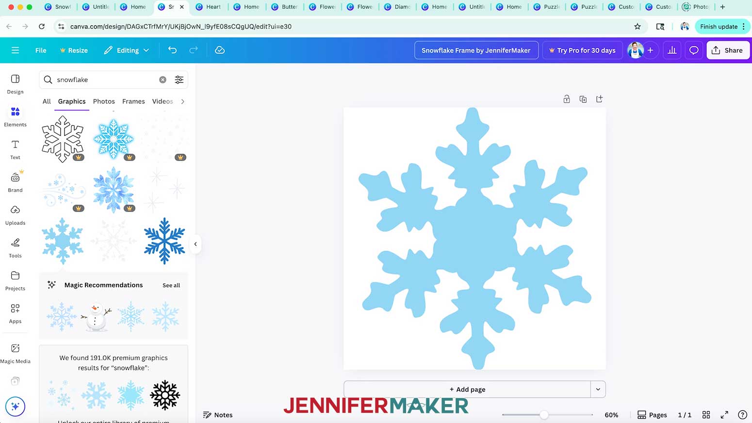 Center the snowflake element on the Canva design page to prepare it for making a frame.