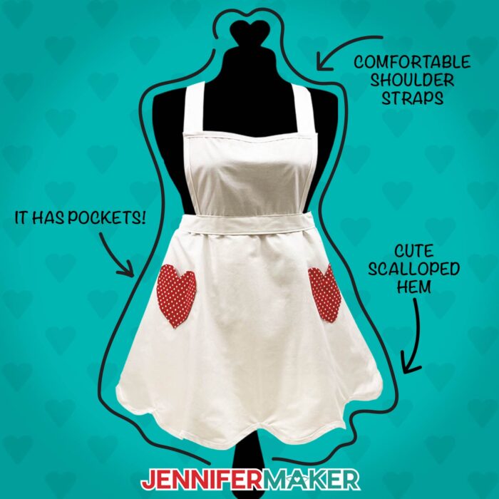 A white apron with red heart-shaped pockets on a mannequin with written notes reading "comfortable shoulder straps," "it has pockets!" and "cute scalloped hem".
