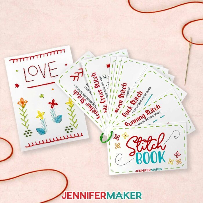 The fanned out embroidery stitch book and a 5 by 7 card with a custom design using basic embroidery stitches to create flowers and other details.