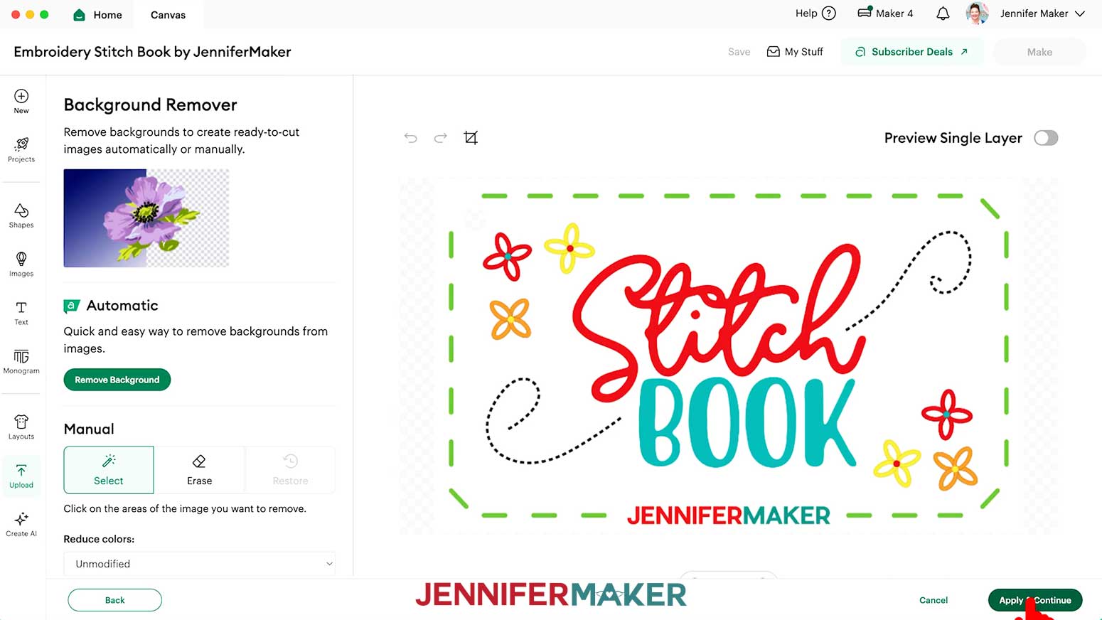 The backgrounds of the Embroidery Stitch Book cards have already been removed so click Apply & Continue on the Background Remover page.