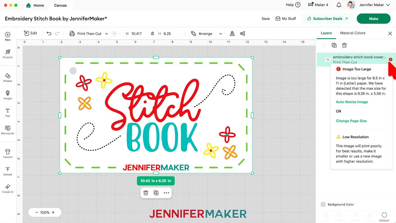 The cards for the Embroidery Stitch Book will load onto the Canvas too large and will need to be resized.