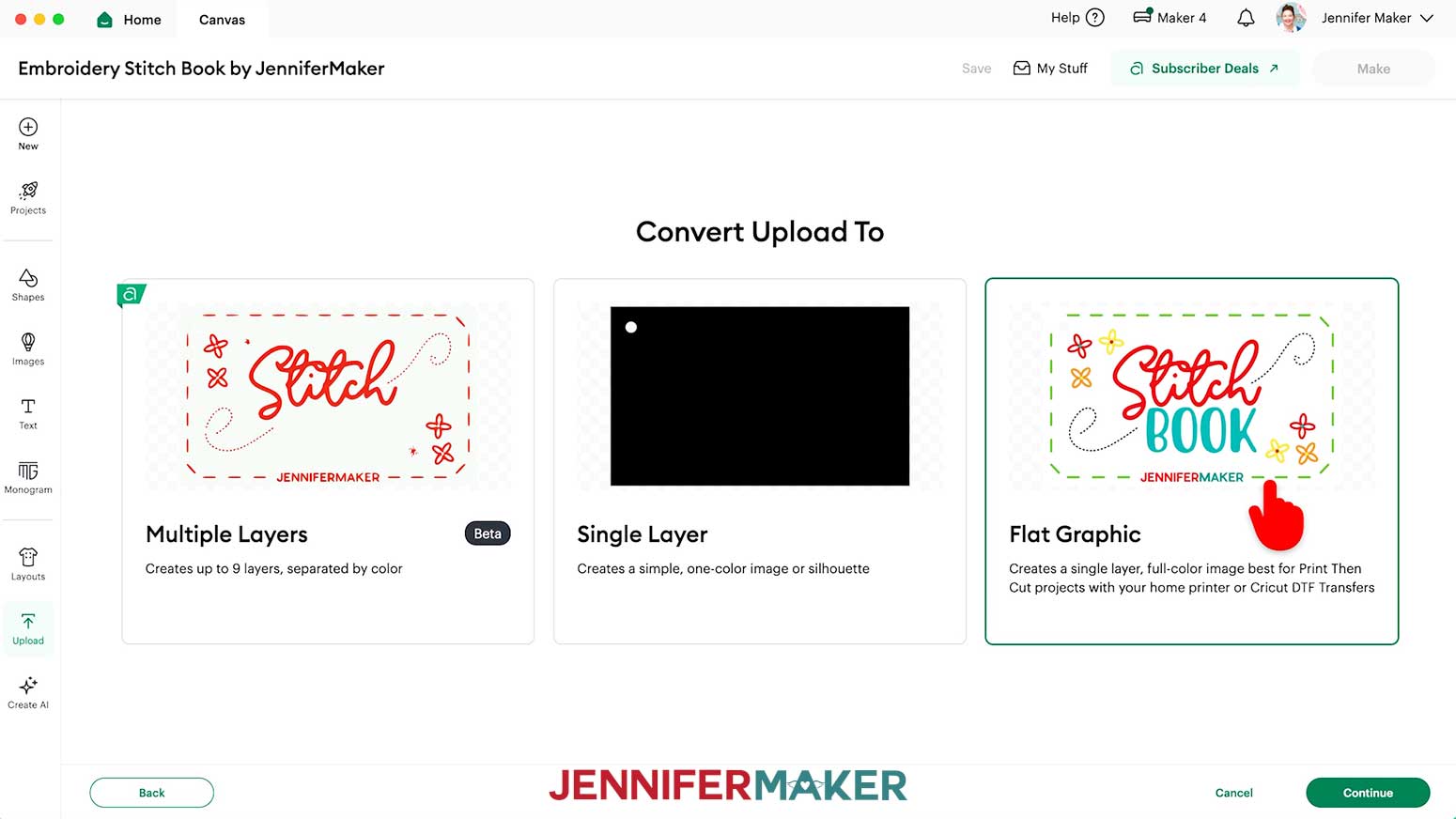 Select Flat Graphic as the upload type for the Embroidery Stitch Book cards.