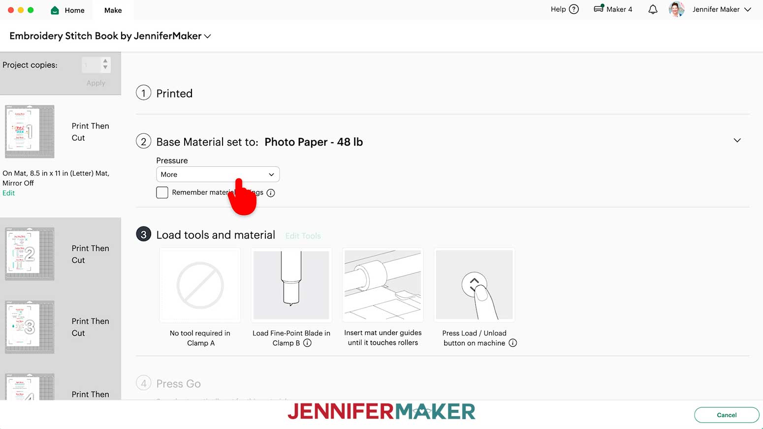 Select the appropriate paper material cut setting along with More Pressure to cut the Embroidery Stitch Book pages.