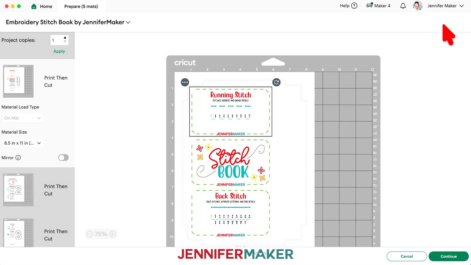 Verify all mats are read on the Prepare Screen before printing and cutting the Embroidery Stitch Book pages.