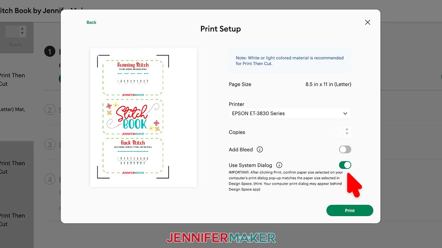 Select Use System Dialog to access more advanced print settings for the Embroidery Stitch Book pages.