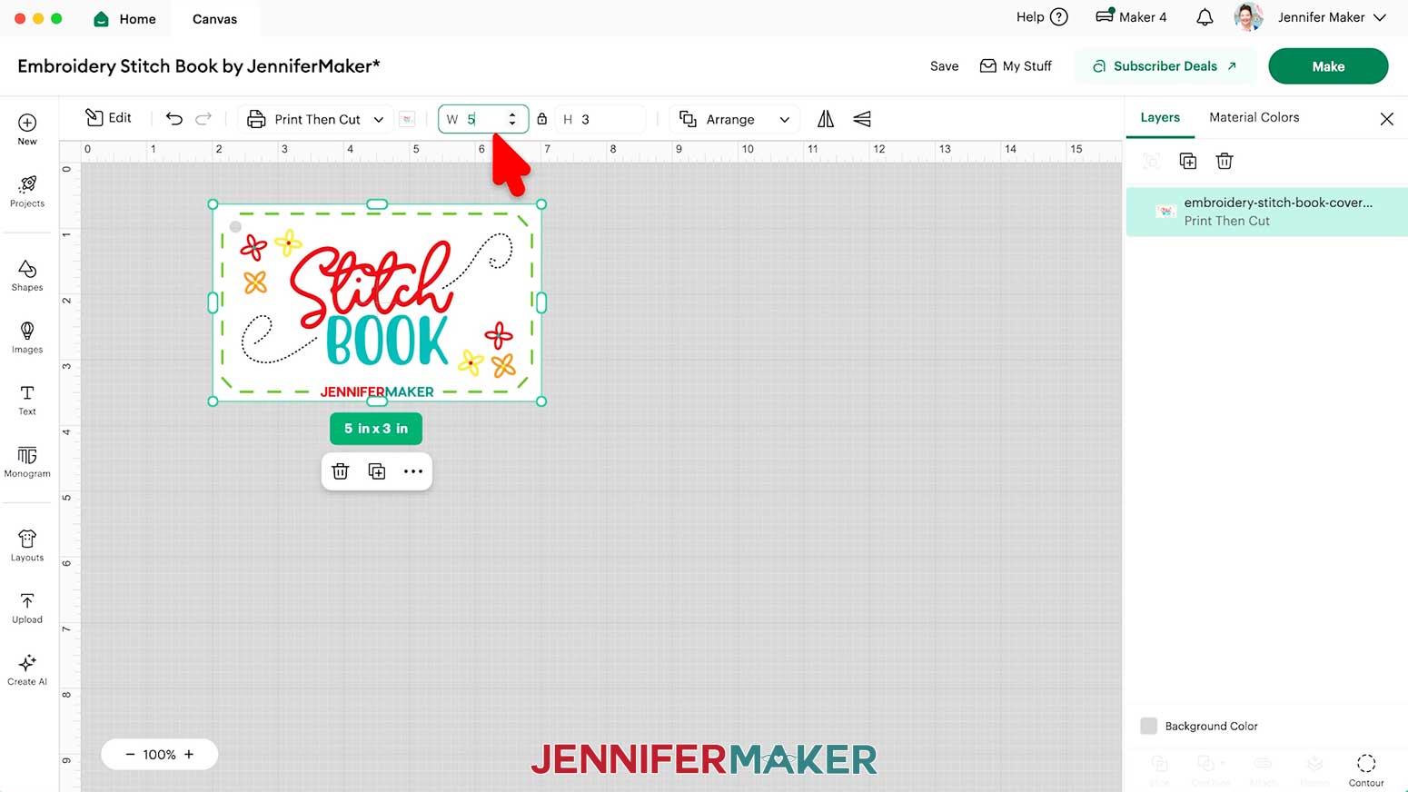 Change the size of the Embroidery Stitch Book card pages to be five inches wide.
