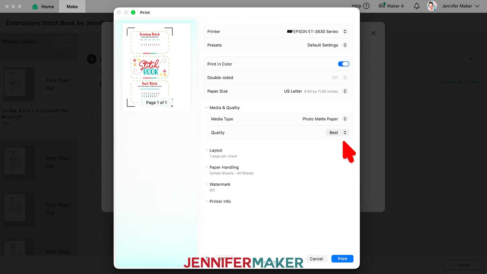 Select the Best color print setting for the Embroidery Stitch Book pages.