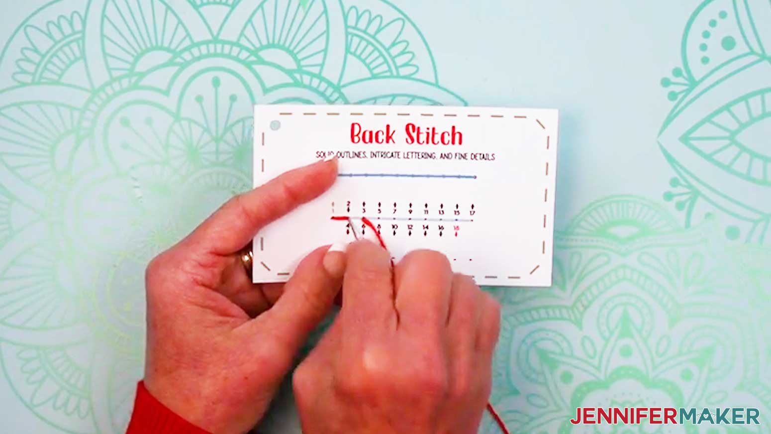 Push the needle down through hole 4 to continue the Embroidery Stitch Book Back Stitch page.