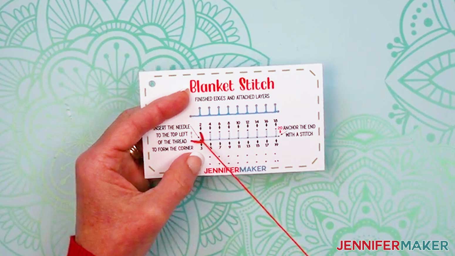 Pull the thread to the right to add a sharp angle to the previous stitch of the Embroidery Stitch Book Blanket Stitch.
