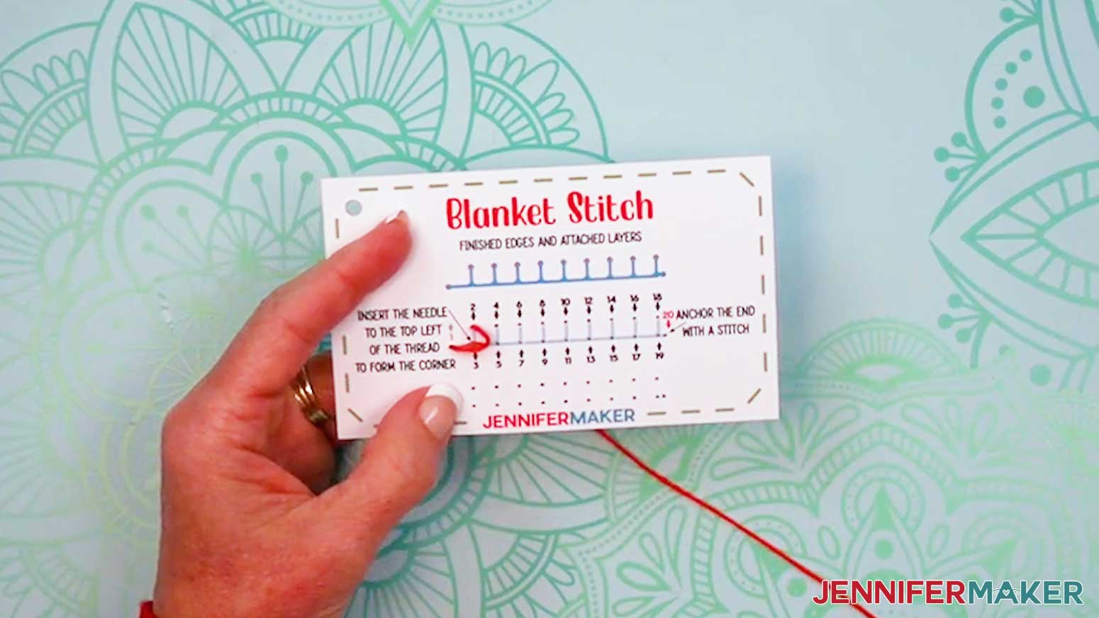 Bring the needle up through hole three and to the upper left of the first stitch in the Embroidery Stitch Book Blanket Stitch page.