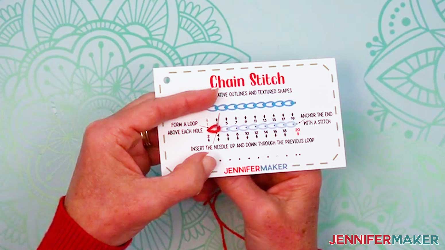 Bring the needle up through hole three inside the loop from the previous hole to begin the Embroidery Stitch Book Chain Stitch.