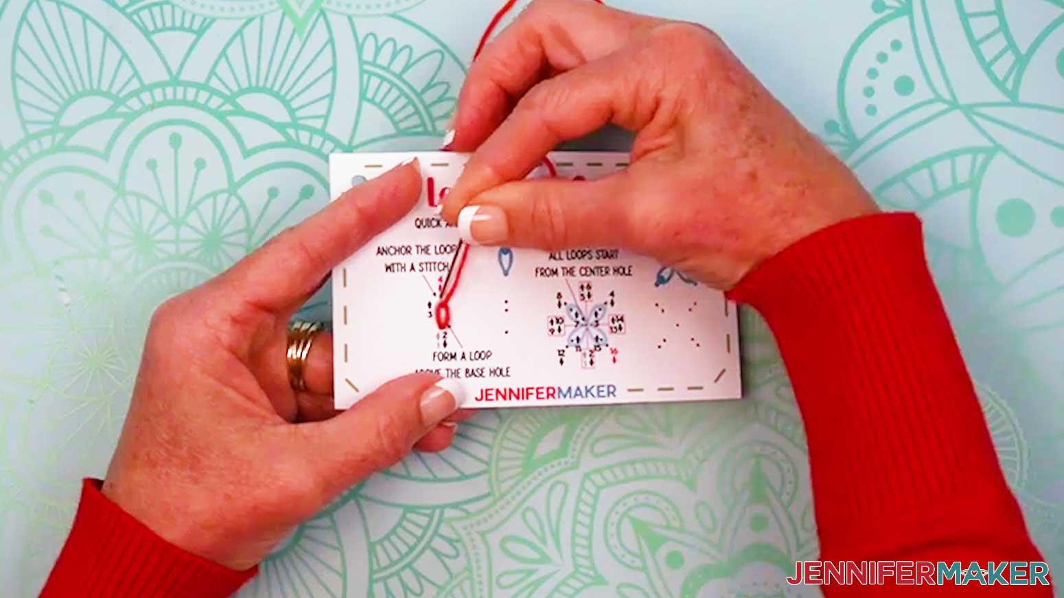Place the needle down through hole three on the outside of the loop to complete the Embroidery Stitch Book Lazy Daisy single stitch.