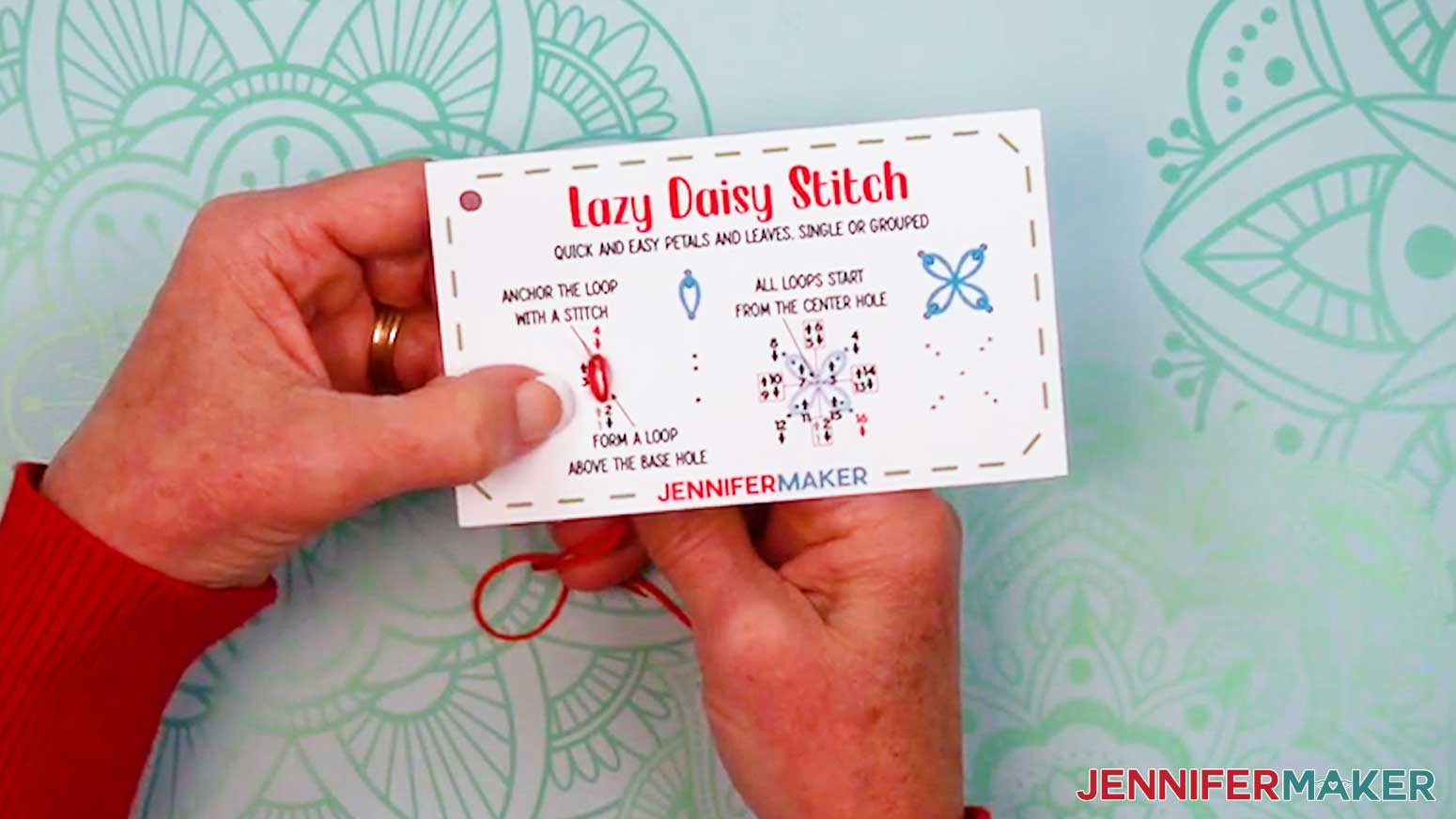 Bring the needled up through hole three inside the loop and back down through hole three outside the loop to complete the single Embroidery Stitch Book Lazy Daisy Stitch.