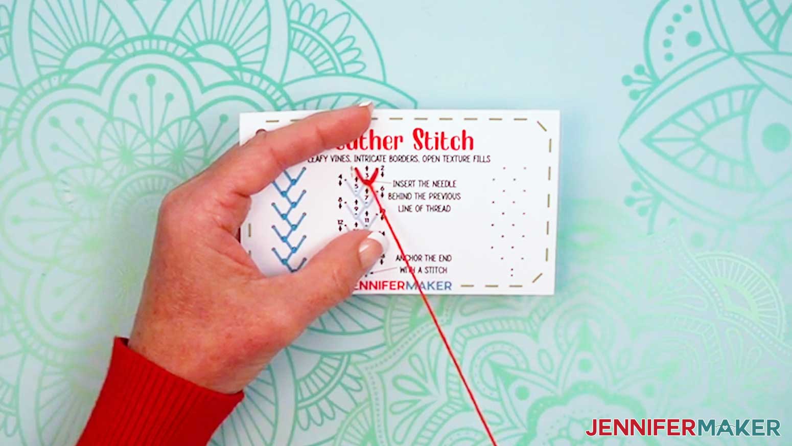 Bring the needle up through hole three to create the point for the first Embroidery Stitch Book Feather Stitch.