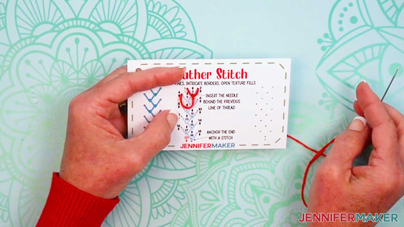 Bring the needle down through hole four to create the beginning for the second Embroidery Stitch Book Feather Stitch branch.