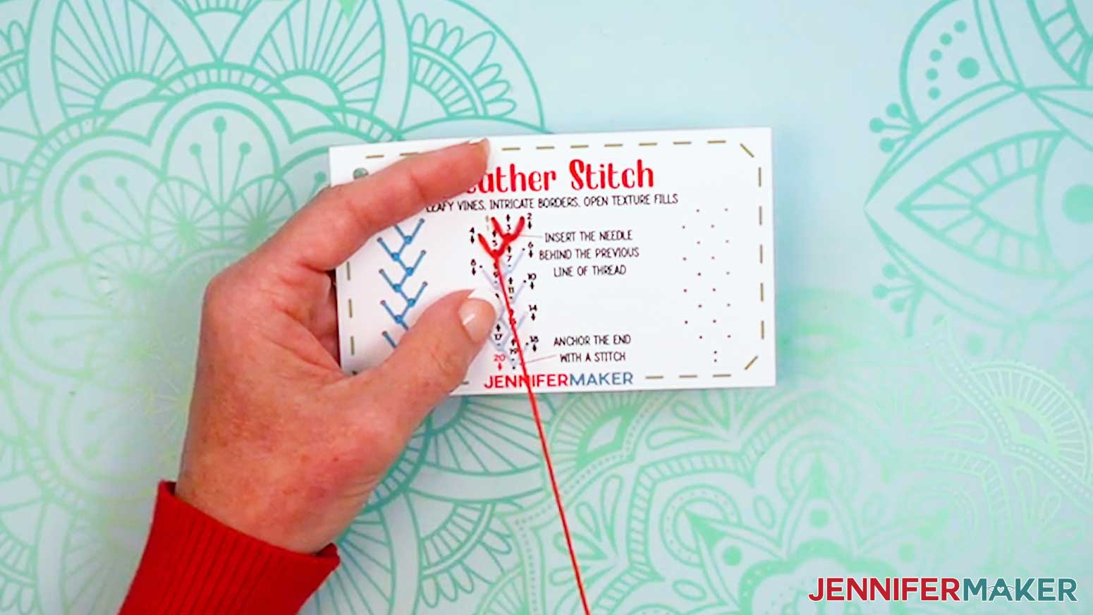 Bring the needle up through hole five to form the second vee shape on the Embroidery Stitch Book Feather Stitch page.