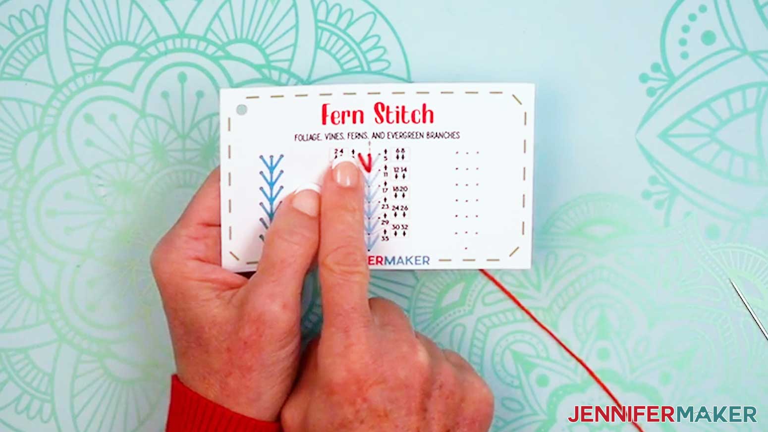 Follow the circle numbers to create the first left stitch on the Embroidery Stitch Book Fern Stitch page.