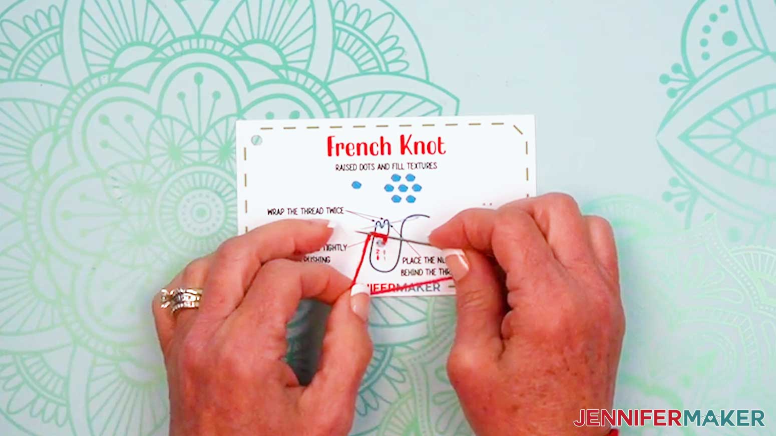 Wrap the thread for he French Knot around the needle twice before pushing it down through the next hole on the Embroidery Stitch Book page.