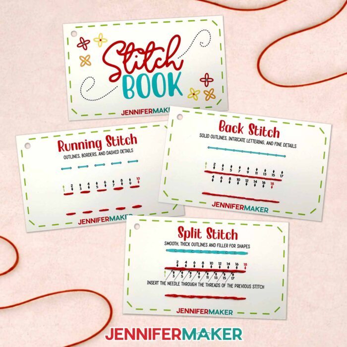 Four stitch book cards with the stitches filled out according to Jennifer's special embroidery number system: the cover card, the Back Stitch card, the Running Stitch card, and the Split Stitch card.