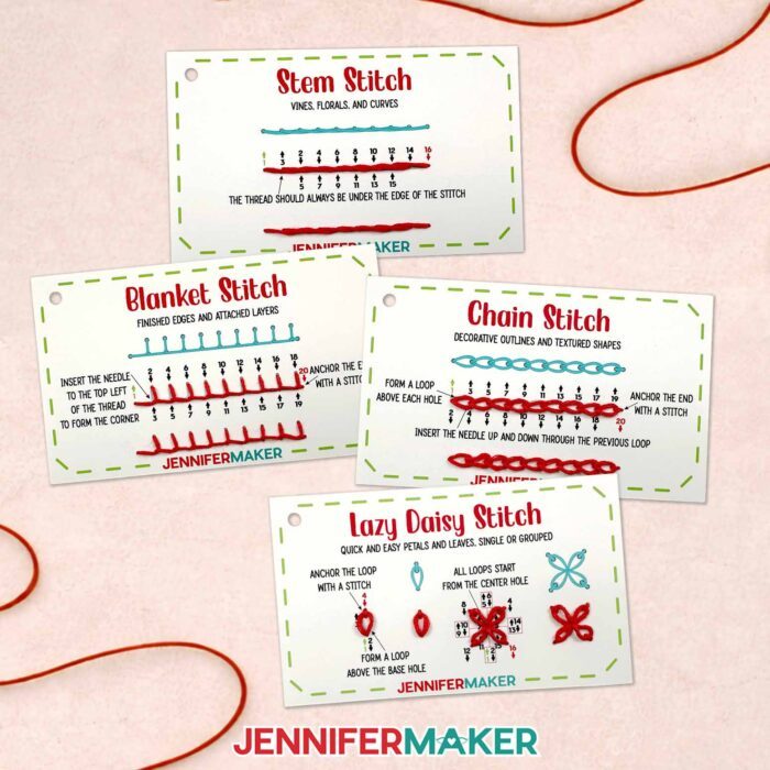 Four stitch book cards with the stitches filled out according to Jennifer's special embroidery number system: the Stem Stitch card, the Blanket Stitch card, the Chain Stitch card, and the Lazy Daisy Stitch card.
