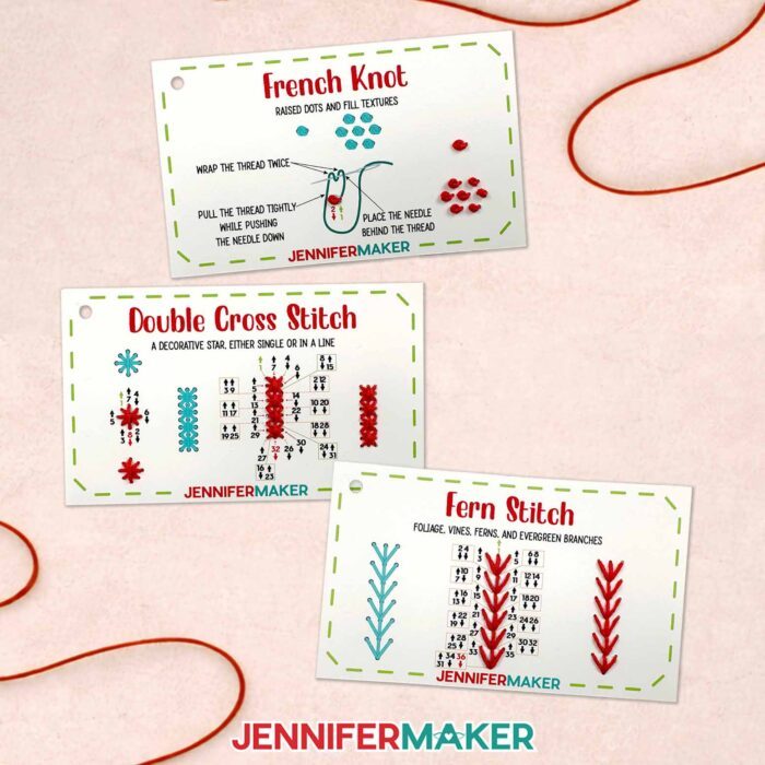 Three stitch book cards with the stitches filled out according to Jennifer's special embroidery number system: the French Knot card, the Double Cross Stitch card, and the Fern Stitch card.