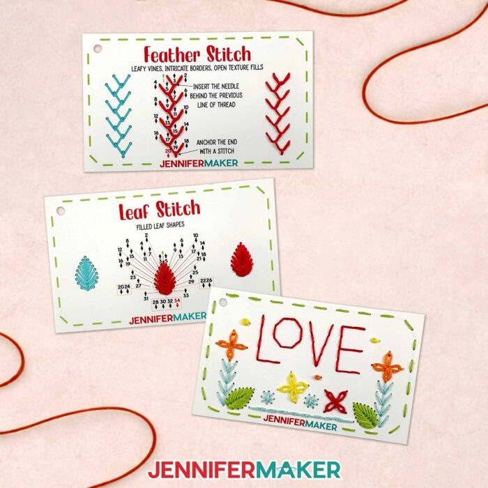 Three stitch book cards with the stitches filled out according to Jennifer's special embroidery number system: the Feather Stitch card, the Leaf Stitch card, and the practice design card.