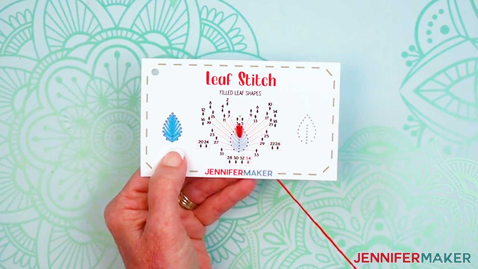 Begin filling in the lines on each side of the leaf for the Embroidery Stitch Book Leaf Stitch.