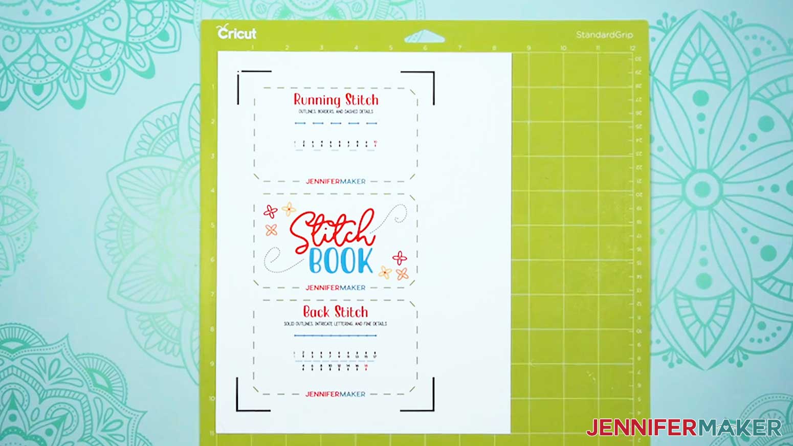 The printed page for the Embroidery Stitch Book is placed onto the machine mat.
