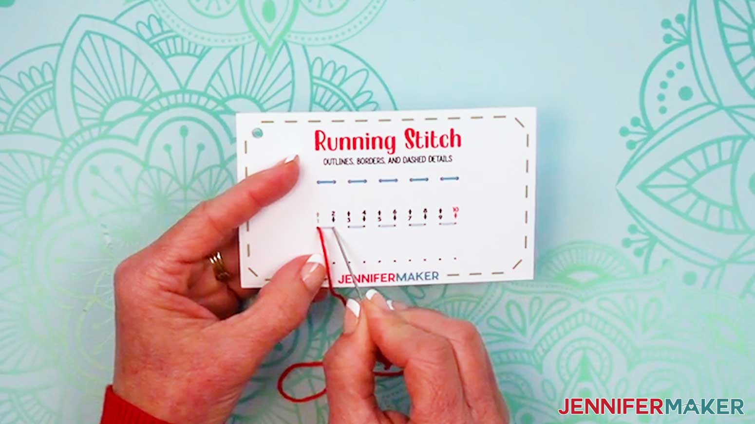 Push the needle down through hole two of the Embroidery Stitch Book Running Stitch page.