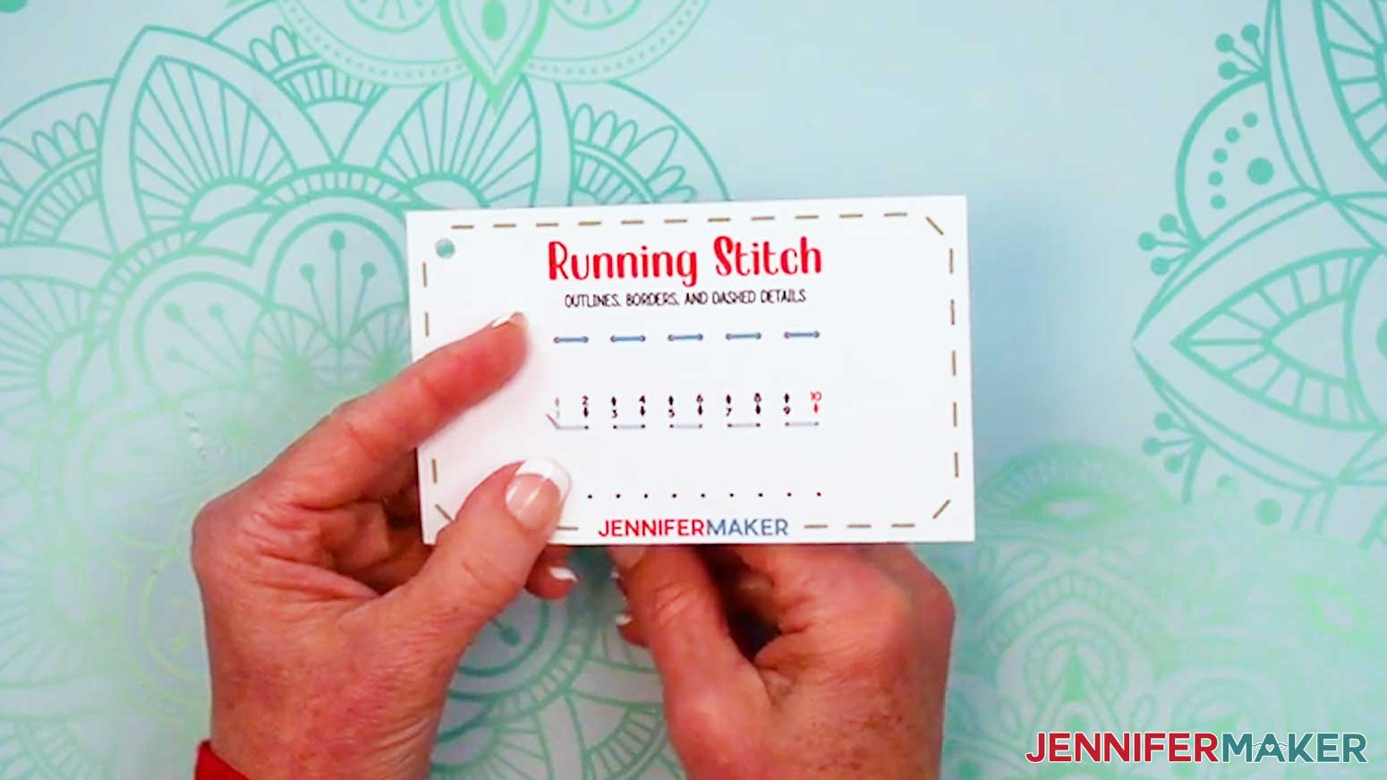 Push the needle up through hole one of the Embroidery Stitch Book Running Stitch page.