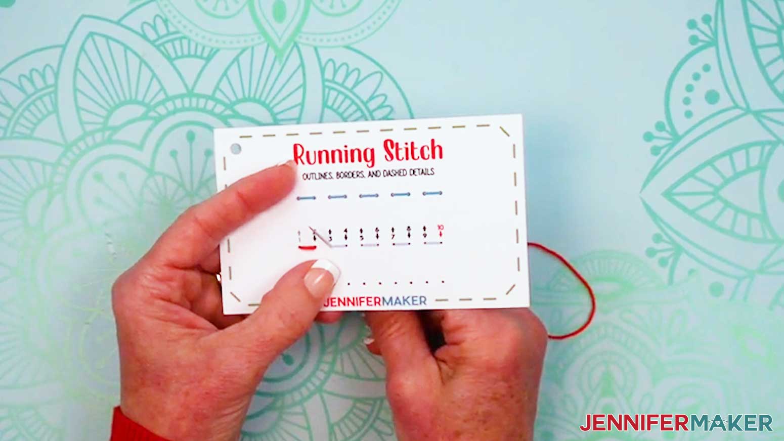 Push the needle up through hole three of the Embroidery Stitch Book Running Stitch page.