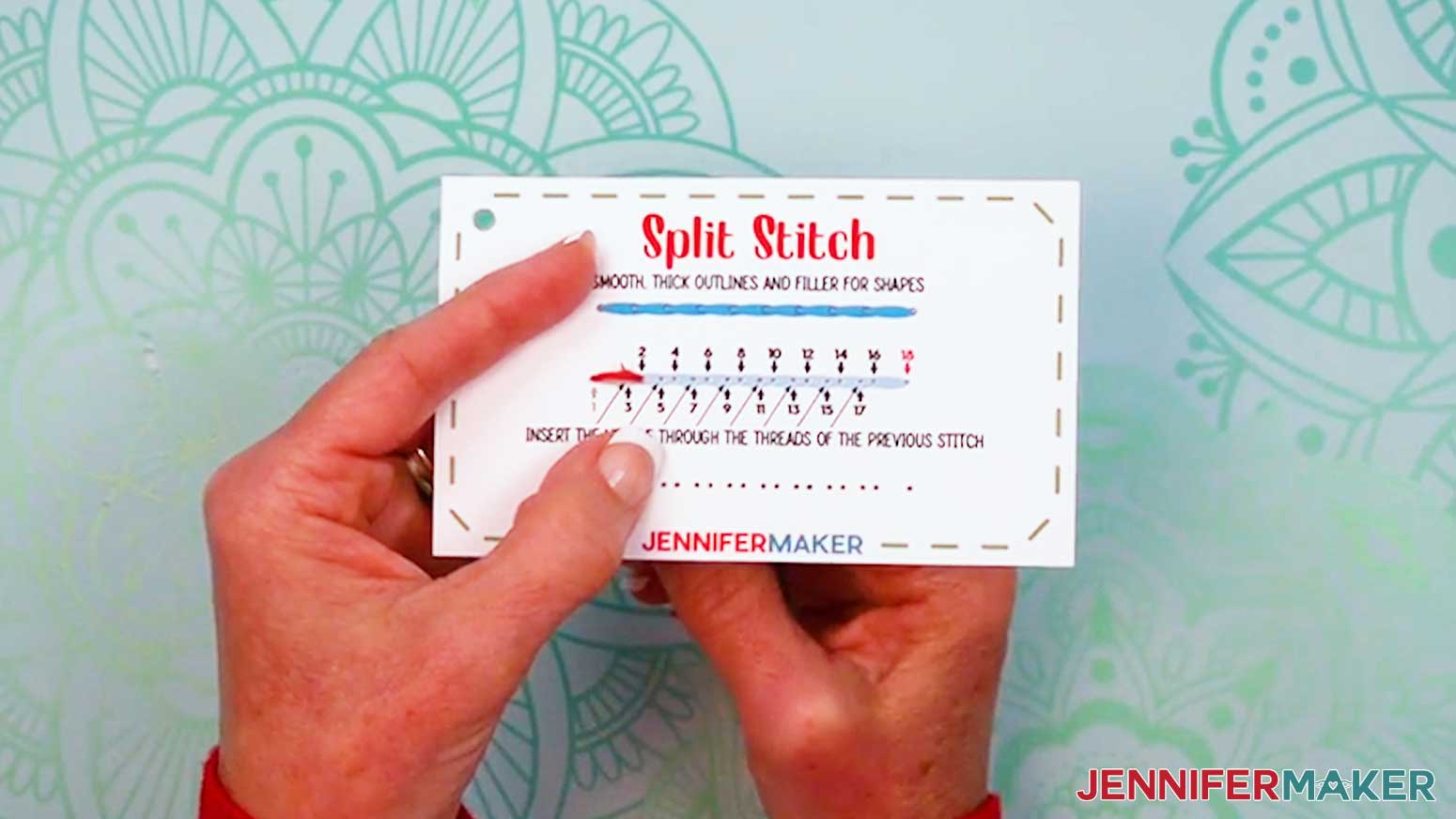 Push hole the needle up through hole 3 of the Embroidery Stitch Book Split Stitch page.